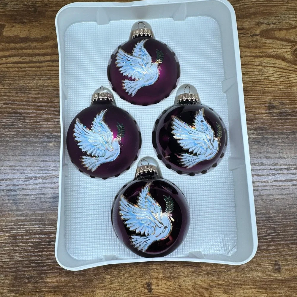 Christmas by Krebs Glass Ornaments Purple Plum Dove of Peace Set of 4 USA Made